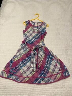 American Girl Pink, Blue & Green Plaid Tie-Waist Dress size 7 EUC